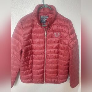 True Religion Red Quilted Puffer Jacket with Glossy Finish